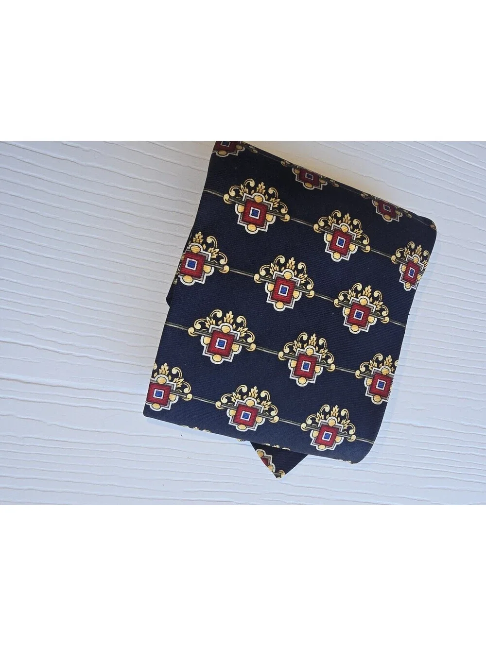 Vintage Italy Silk Necktie Navy Red Gold Geometric Medallion Wide Tie